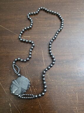 Hematite Bead Necklace with Carved Pendant - Metallic Gray